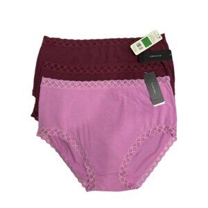 Natori Bliss Cotton Bikini Panties Set of 3 Large Pink & Wine Lace Trim NWT